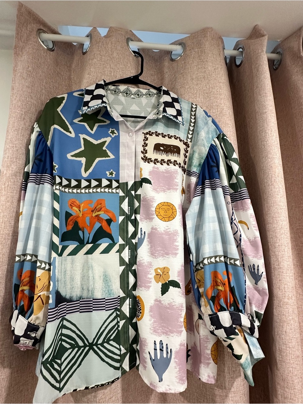 Patchwork Print Button‑Up Shirt – Mixed Graphic Design (Size M)